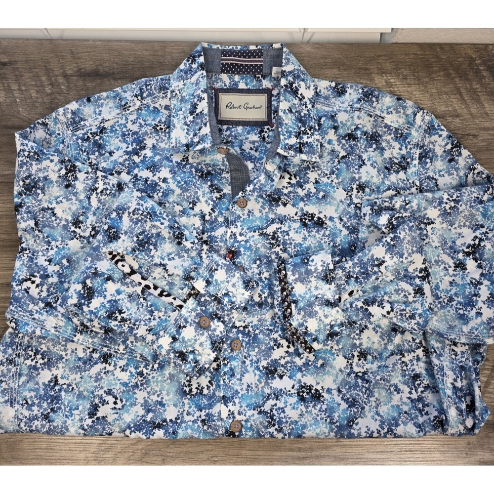 Robert Graham Beach Hibiscus Blue Floral‎ Button Shirt Skull Hawaiian sz Large